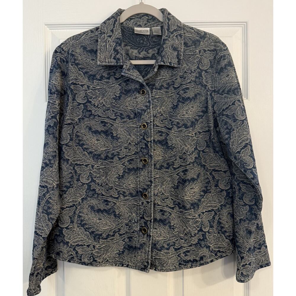 Chicos Denim Jacket Sz 2 (LG 12) Paisley Brocade Casual Lightweight 100%‎ Cotton